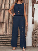 Women's Summer Irregular Hem Buttonless Sleeveless Shirt and Loose Straight Pants Set