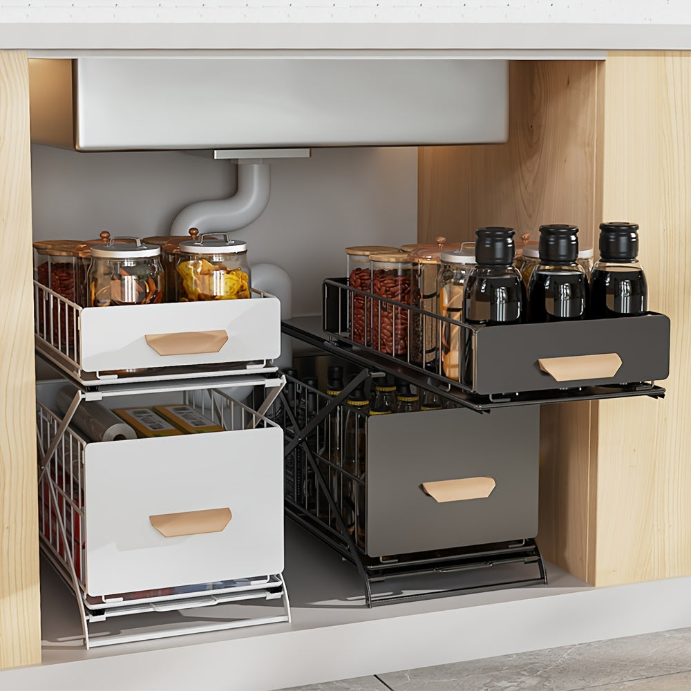 Closet Folding Storage Rack, 2-Layer Pull-Out Spice Rack, Wooden Handle, For Sink Countertop Closet, 26x40x43cm
