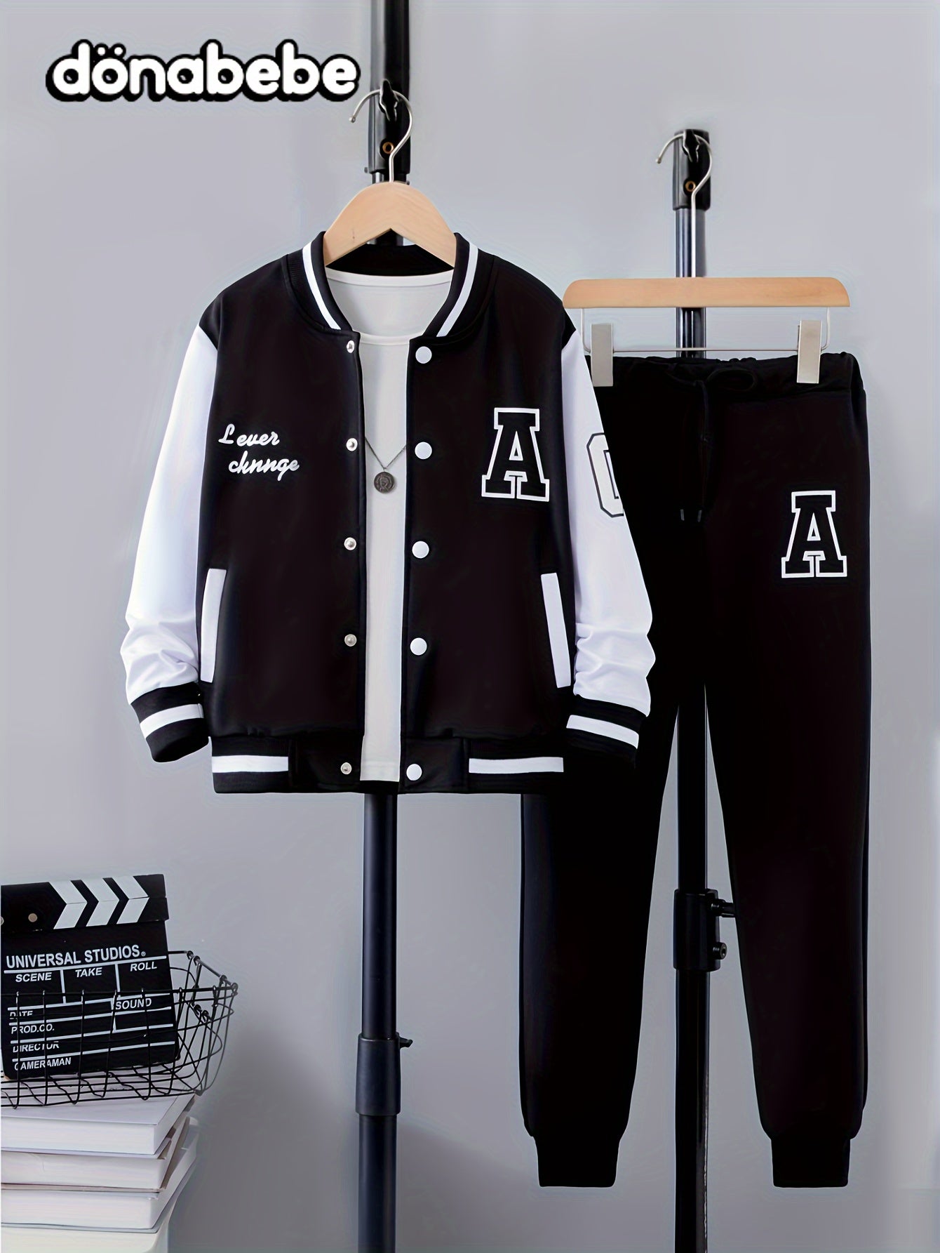 Conjunto de 2 piezas de chaqueta universitaria con estampado de letras para niño, chaqueta bomber y pantalón estilo preppy, ropa infantil para otoño e invierno, uso diario y al aire libre, como regalo.