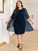 Plus Size - Elegant Plus Size Two-Piece Dress with Mesh Overlay - Navy Blue, Round Neck, Sleeveless, Flowy Design for Spring/Summer, Polyester Blend, Women'S Fashion, Plus Size Dresses