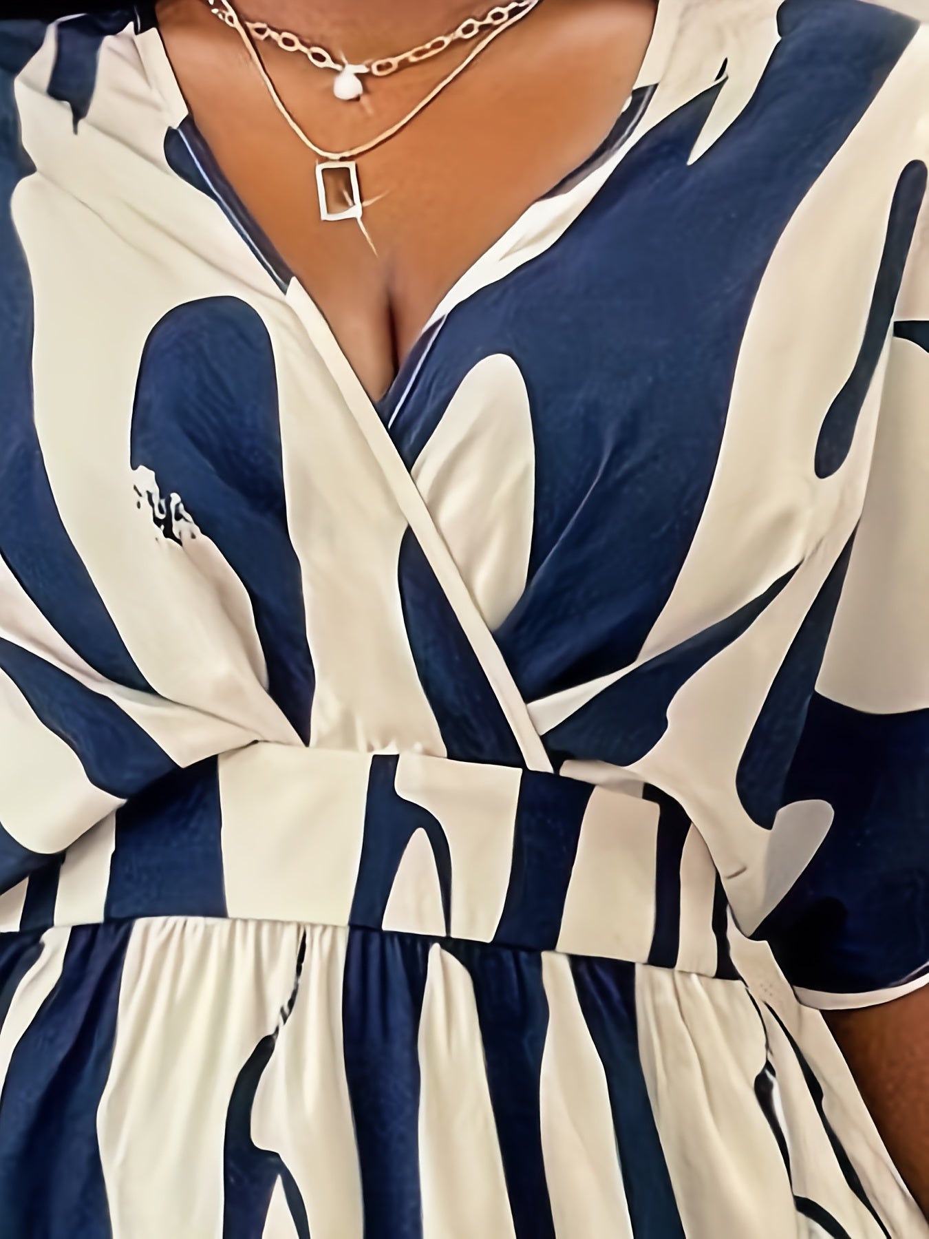 Plus Size Allover Print Surplice Neck A-line Dress, Elegant Short Sleeve Ankle Length Dress For Spring & Summer, Women's Plus Size Clothing