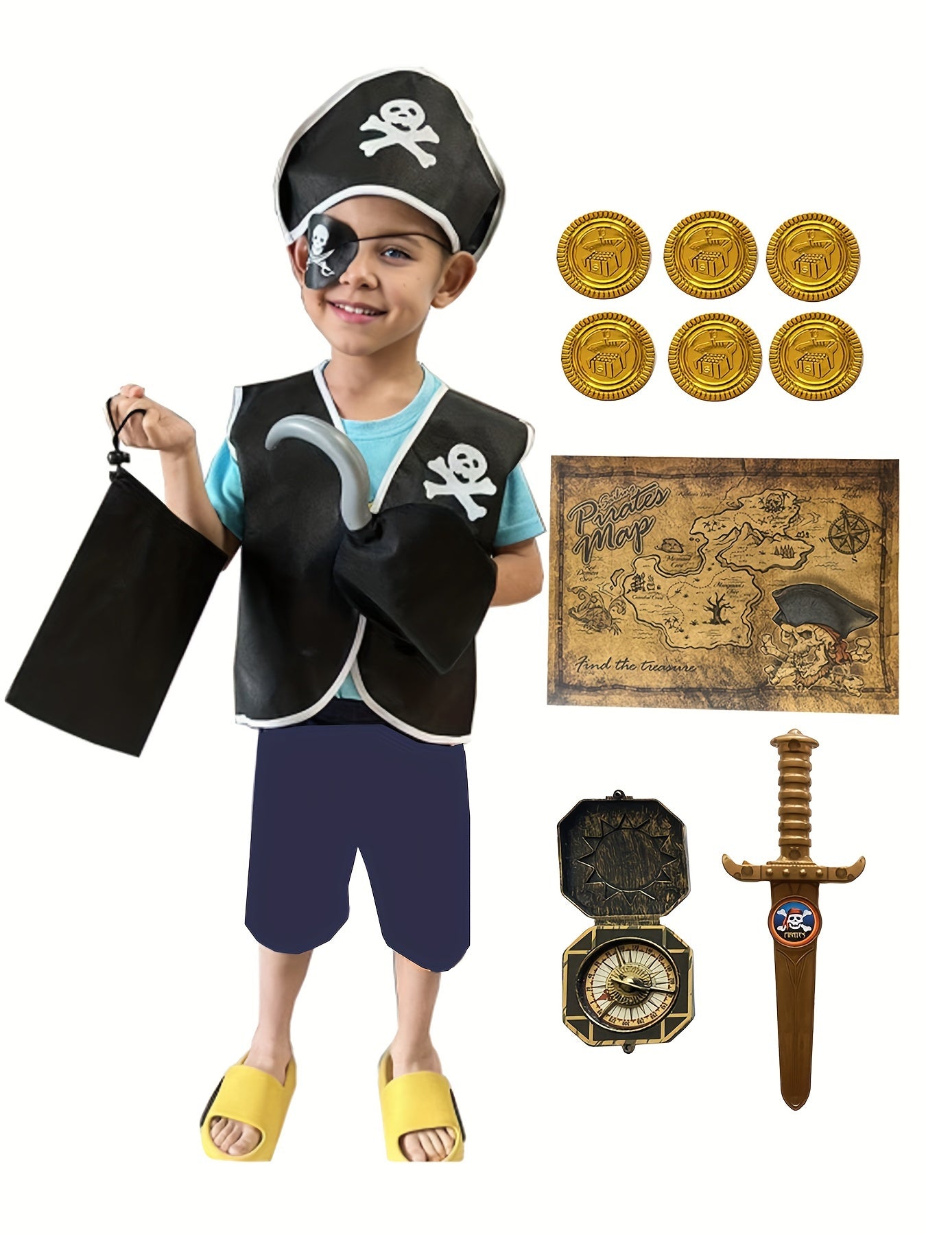 14Pcs/set Kid's Pirate Cosplay Costume, Pirate Captain Dress Up Set For Carnival Birthday Party Performance Clothing