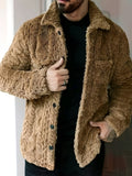 Men's Casual Solid Color Flannel Jacket - Cozy Polyester, Button-Up Outerwear with Pockets, Long Sleeves for Fall & Winter