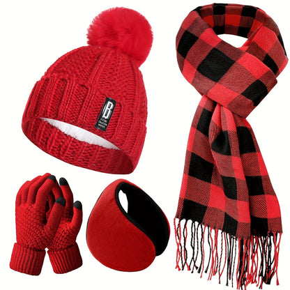 4pcs Winter Warm Accessory Set - Knitted Hat, Touch Screen-Compatible Mittens, Scarf, Ear Warmer - Polyester, Hand Washable, Simple Style - Ideal Gift for Adults, No Feather