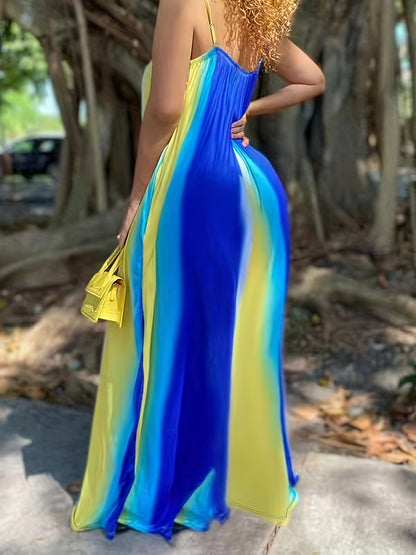 Vestido largo holgado con escote en V y efecto tie-dye, talla grande, elegante, ligeramente elástico, para mujer.