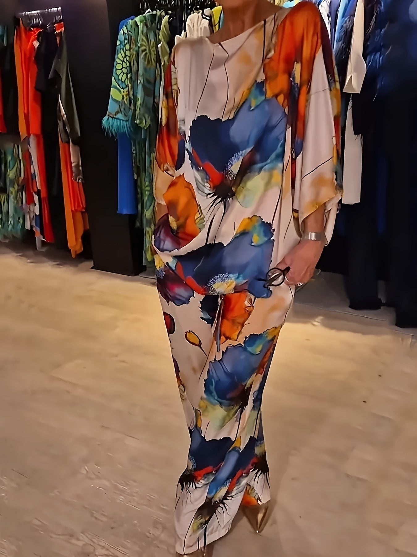 Elegant Floral Print Satin Two-Piece Set for Women - Crew Neck Top & Wide-Leg Pants, Machine Washable