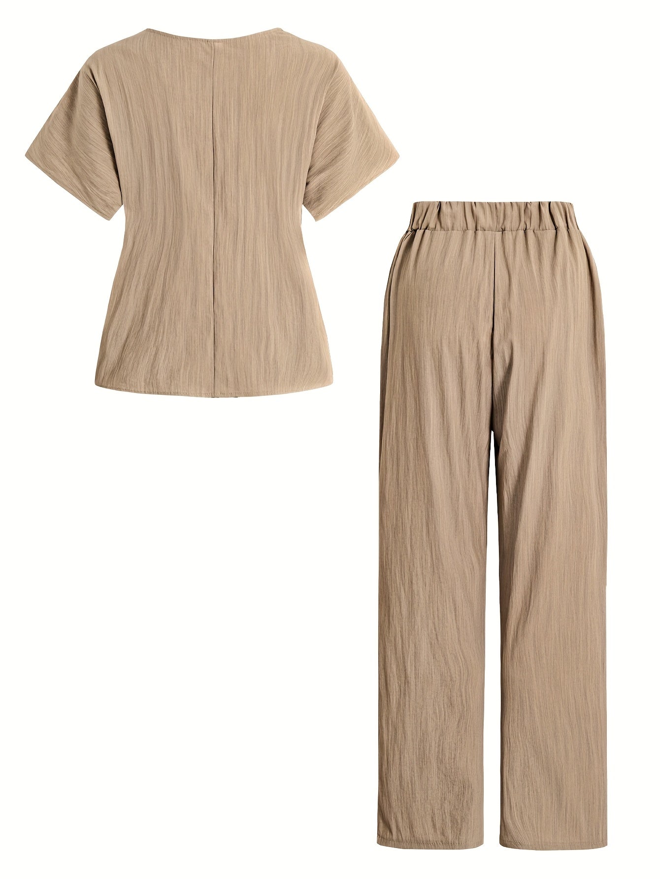 Women'S Casual Beige Knotted Top & Matching Pants Set - Spring/Summer Style, Solid Color, Relaxed Fit with Drawstring Waist, Stylish Accessory Bag, Everyday Casual Wear|Stylish Knotted Top|Drawstring Waist Pants, Casual Wear