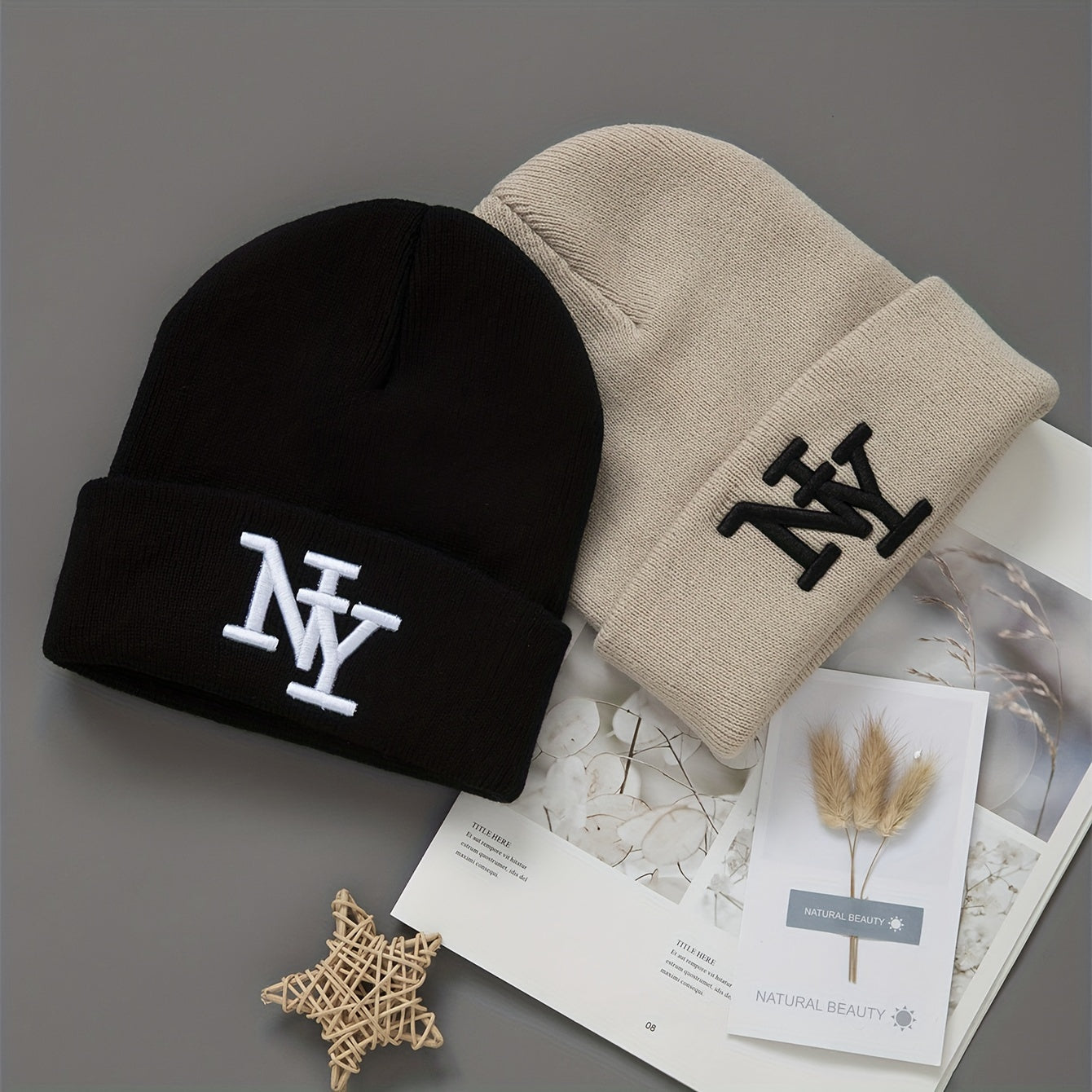 2-Pack Unisex Winter Beanie Hats, Solid Color Knitted Polyester Outdoor Warm Caps, Hand Washable, Fashionable Daily Wear for Men and Women