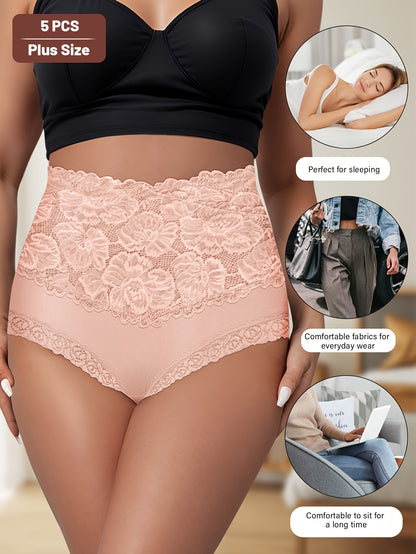 5-Pack MEIYATING Plus Size High-Waisted Tummy Control Briefs, Elegant Cotton Lace-Trimmed Floral Pattern, Medium Stretch Knit Fabric, Full Coverage Underwear for Women