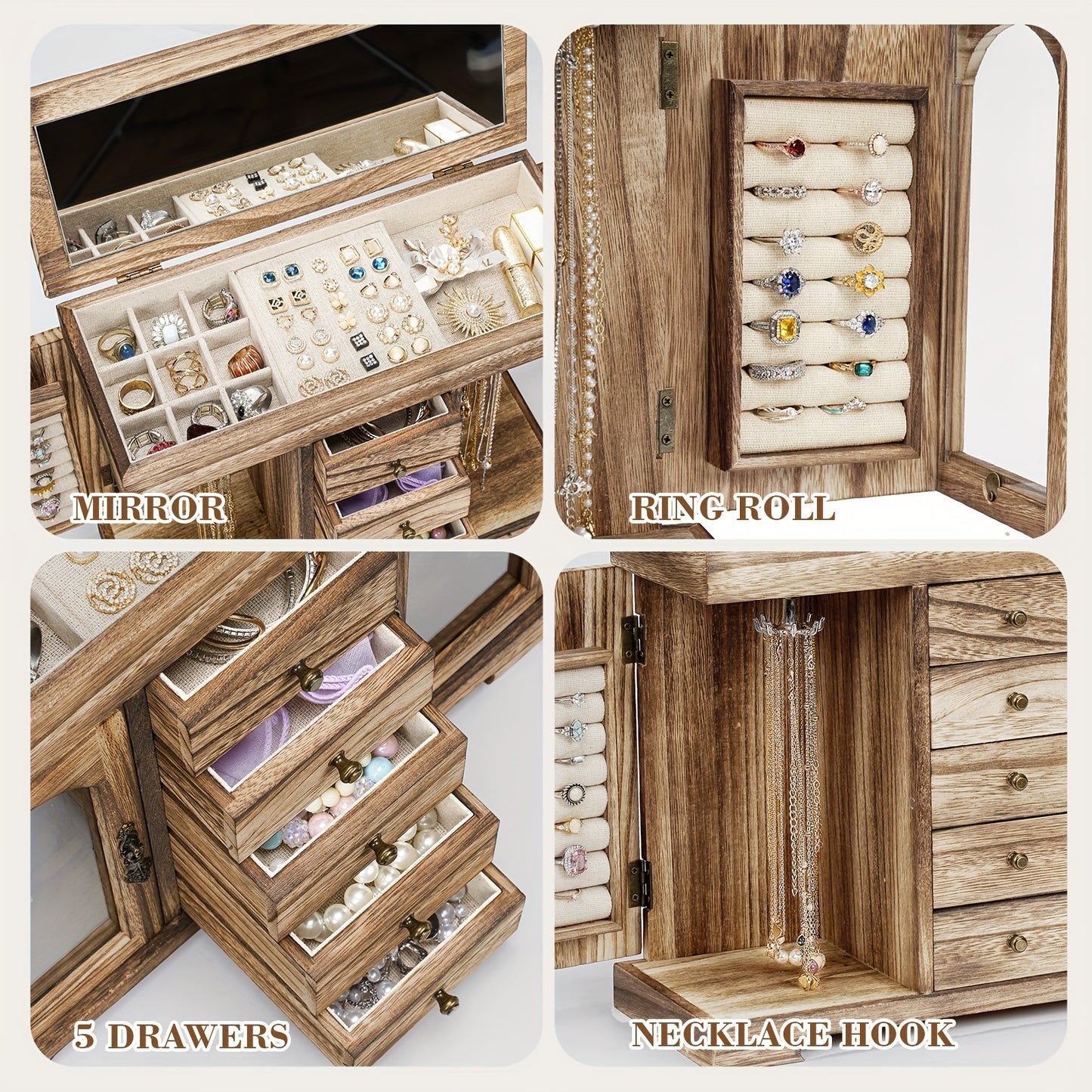 EMFOGO Rustic Wooden Jewelry Organizer with Mirror - 5-Layer Storage Case for Necklaces, Earrings, Rings, Bracelets | Perfect Valentine's Day Gift