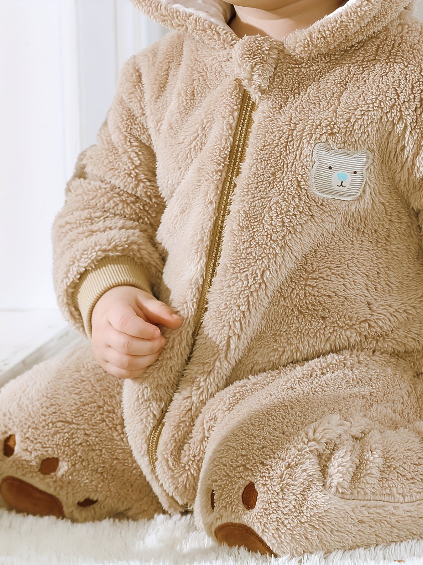 Bear Design Cute Hooded Jumpsuit For Baby Girls, Toddler Baby's Fleece Warm Long Sleeve Outdoor Outwear