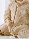 Bear Design Cute Hooded Jumpsuit For Baby Girls, Toddler Baby's Fleece Warm Long Sleeve Outdoor Outwear
