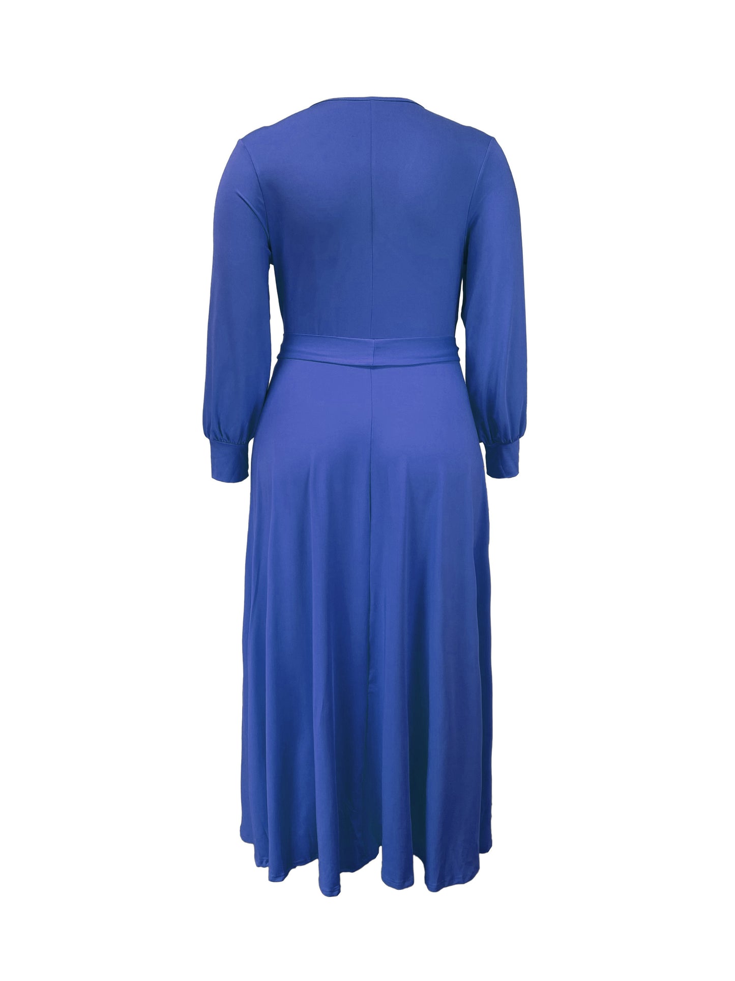 Plus Size Solid Color Tie Waist Dress, Elegant Long Sleeve Surplice Neck Maxi Dress For Spring & Fall, Women's Plus Size Clothing