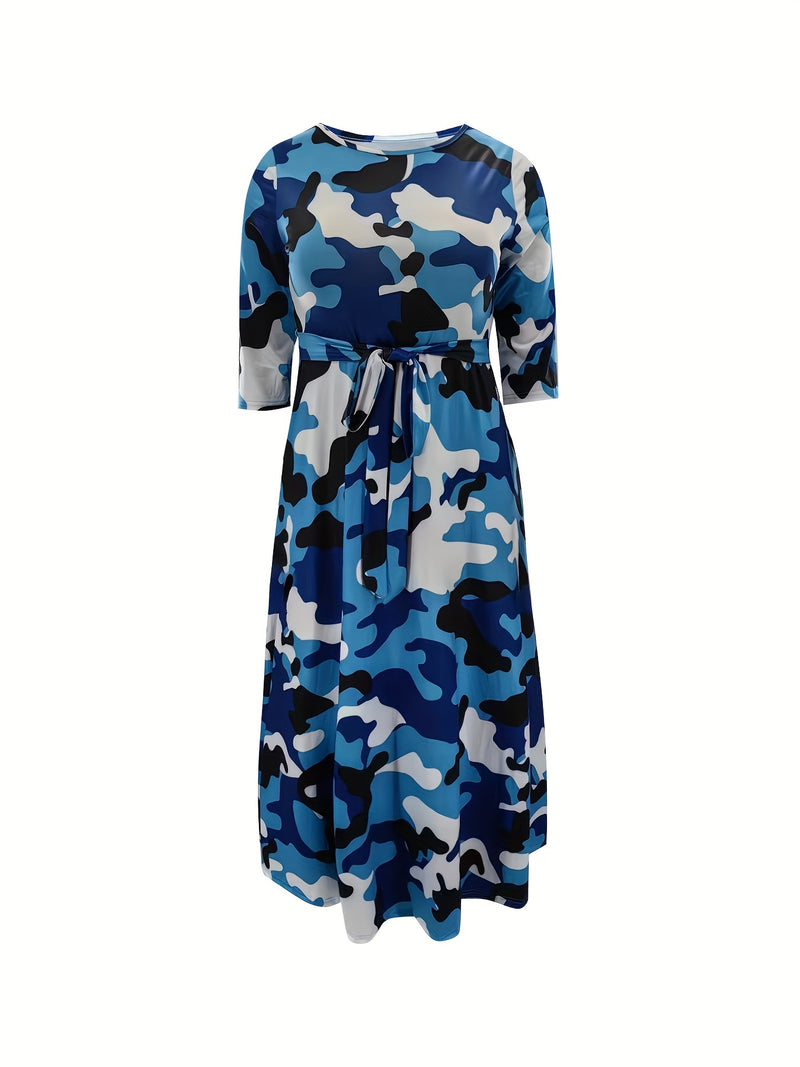 Elegant Women's Plus-Size Dress with Tie Waist, Casual Fashionable Long Sleeve Camouflage Print Knit Fabric with Pocket, X-Shape Fit, Round Neck, Straight Hem, No Bra Pad - Spring/Summer/Autumn