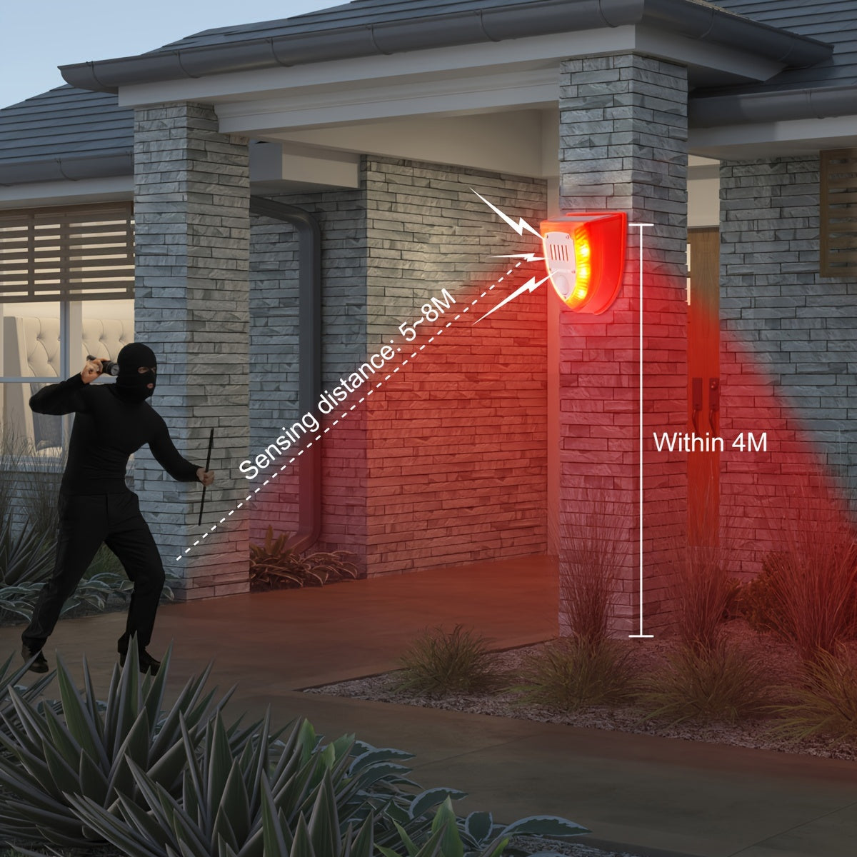 Alarma de seguridad solar para exteriores de 129 dB con sonido de perro ladrando y disparos, luz estroboscópica de advertencia para casa y jardín.