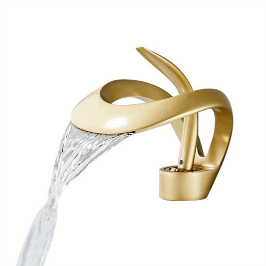 1pc International Style Waterfall Bathroom Basin Faucet, Brass Single-Hole Deck Mount with Built-in Water Filter, Ceramic Valve Core, Painted Surface, G1/2 Nozzle, Hot and Cold Countertop Sink Tap