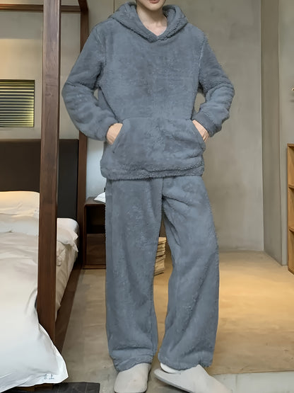 1set Men'S Casual Fleece Pajama Set - Cozy Flannel Loungewear with Hooded Long Sleeve Top and Loose Pants, Solid Color, Polyester, Knitted Fabric, with Pockets, Regular Fit for Autumn/Winter