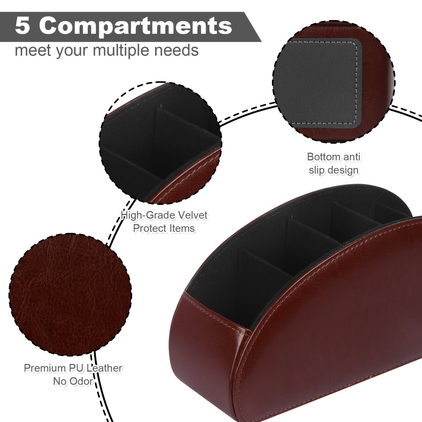 Soporte para control remoto con 5 compartimentos: caja de cuero sintético para almacenamiento en escritorio, ideal para TV, DVD, Blu-ray, reproductor multimedia y controladores de calefacción. Organizador de escritorio y cajones para el hogar.