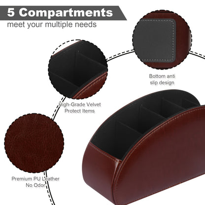 Soporte para control remoto con 5 compartimentos: caja de cuero sintético para almacenamiento en escritorio, ideal para TV, DVD, Blu-ray, reproductor multimedia y controladores de calefacción. Organizador de escritorio y cajones para el hogar.