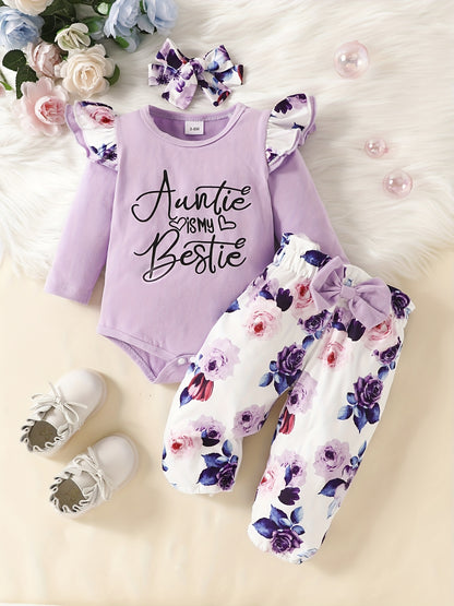 Adorable 3pcs Outfit For Baby Girls - Romper, Ruffle Sleeve Bodysuit, Cartoon Print Pants &amp; Headband Set!