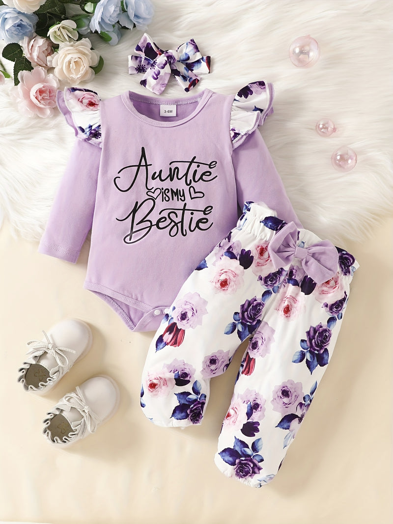 Adorable 3pcs Outfit For Baby Girls - Romper, Ruffle Sleeve Bodysuit, Cartoon Print Pants &amp; Headband Set!