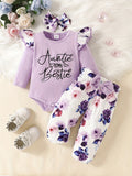 Adorable 3pcs Outfit For Baby Girls - Romper, Ruffle Sleeve Bodysuit, Cartoon Print Pants & Headband Set!