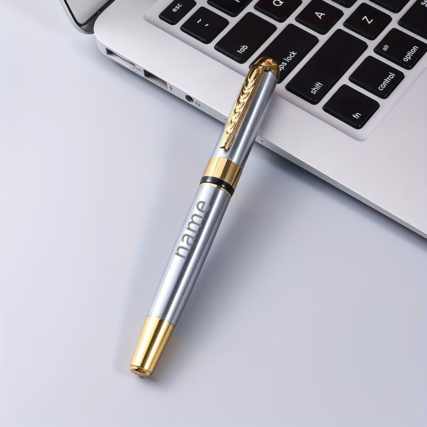 1pc Luxury Personalized Metal Ballpoint Pen Set with 2 Refills and Gift Box - Black & Silver, Engraved Name, Elegant Office and Business Men'S Gift