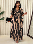 Women'S Plus Size Elegant V-Neck Dress with Abstract Pattern - Casual Spring/Summer Style, Knee-Length, Sleeveless, Adjustable Waist Cincher, Casual Summer Dress|Kneelength Dress|Vneck Design, Plus Size Dress