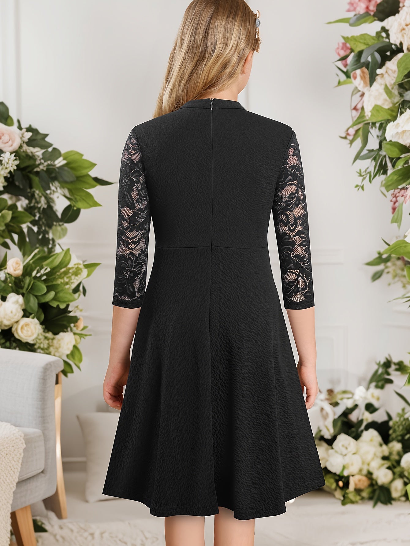 Elegant Girls' Lace-Trimmed Pleated Dress with Keyhole Neckline - Perfect for Parties, Spring & Fall - Machine Washable