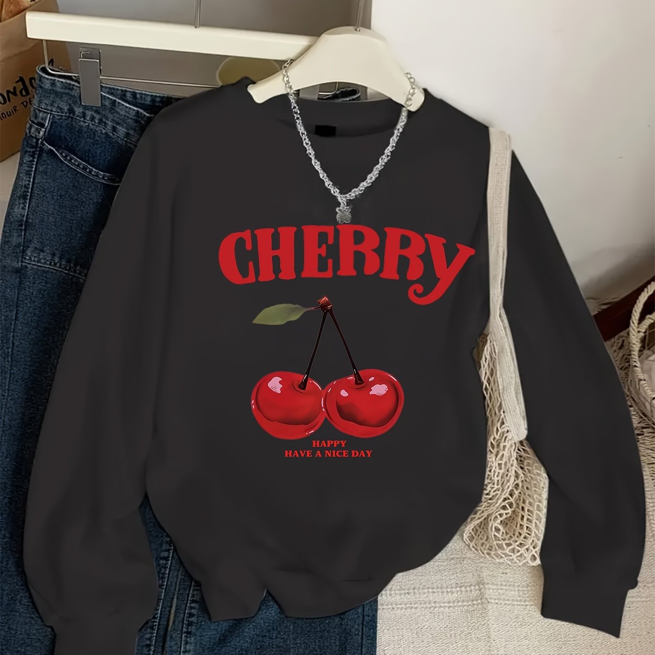 Girls' Vintage Cherry & Letter Print Casual Sweatshirt - Cozy Polyester, Round Neck, Long Sleeve for Fall/Winter