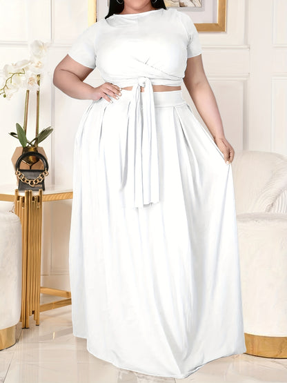 Plus Size Women's Solid Color Cross Tie Maxi Skirt Set, Casual Polyester Knit Dress with Short Sleeves, Round Neck, Pullover, Elastic Fabric, Fashionable Two-Piece Outfit