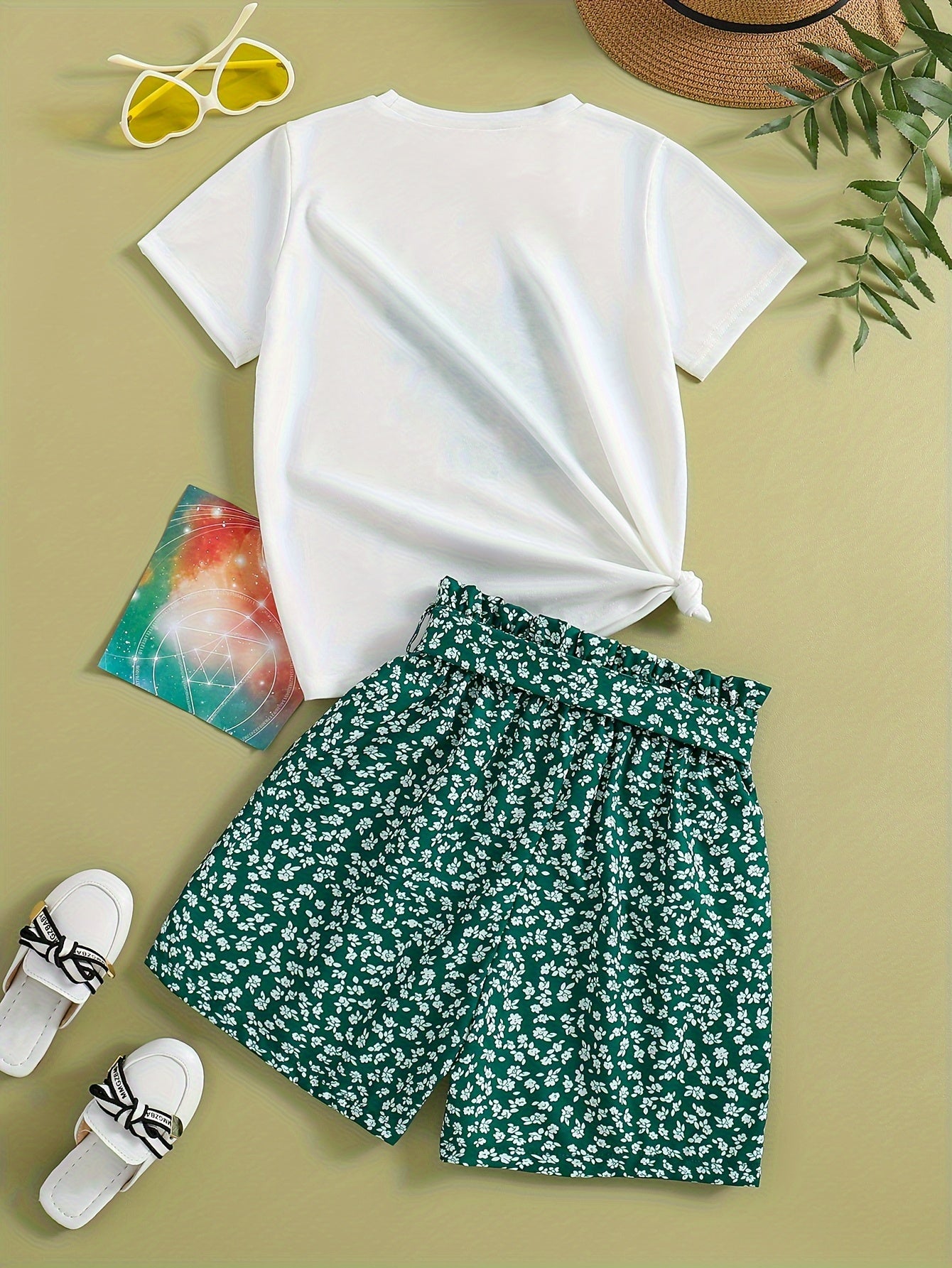 Girls' Summer Casual Outfit Set - Cartoon Print Bow T-Shirt & Floral Shorts with Belt, Breathable Polyester Blend, Perfect for Outdoor