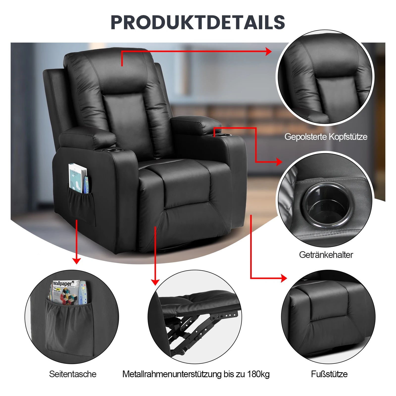 COMHOMA Recliner TV Armchair with Reclining and Footrest, Thick Backrest and Armrests, 360° Swivel