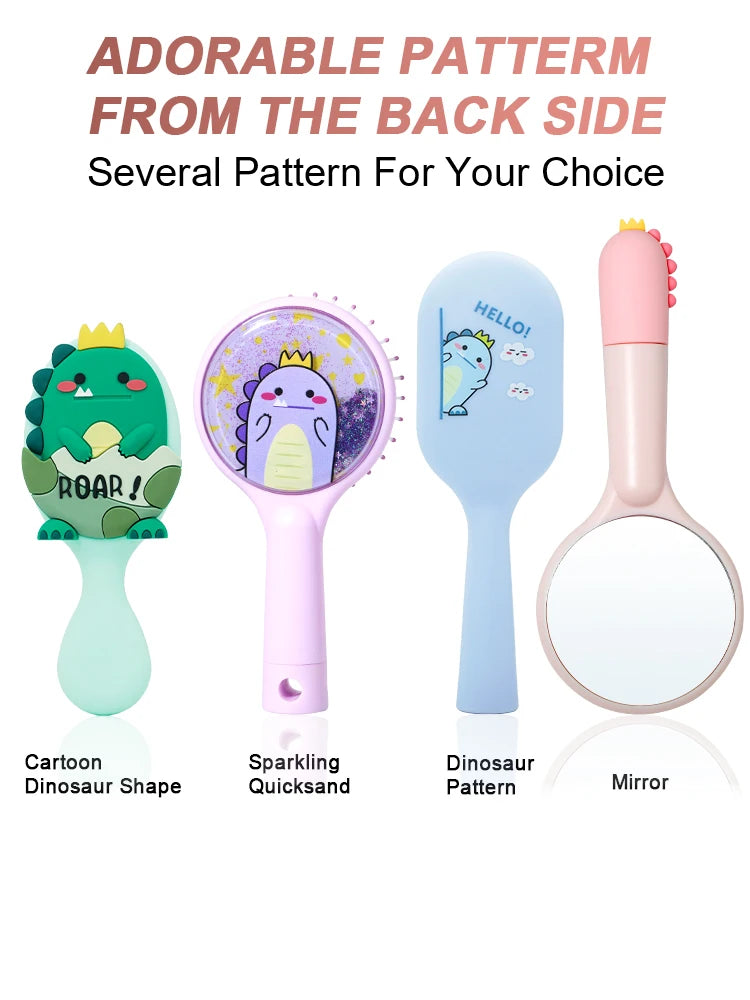 Cute Cartoon Dinosaur Hair Brush Set Detangling Mini Brush Set Travel Protable Comb Folding Mirror for Child Baby Girls Boys