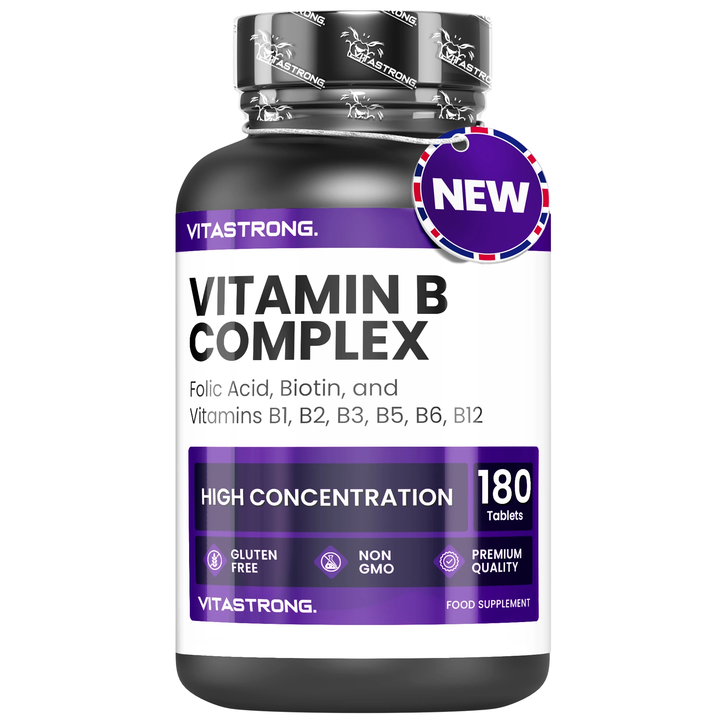 Vitamin B Complex High Dosage, 180 Tablets Vitamins Group B Biotin, Thiamine B1, Riboflavin B2, Vitamin B3 Niacin, B5 Pantothenic Acid, B6, Vitamin B12 and Folic Acid