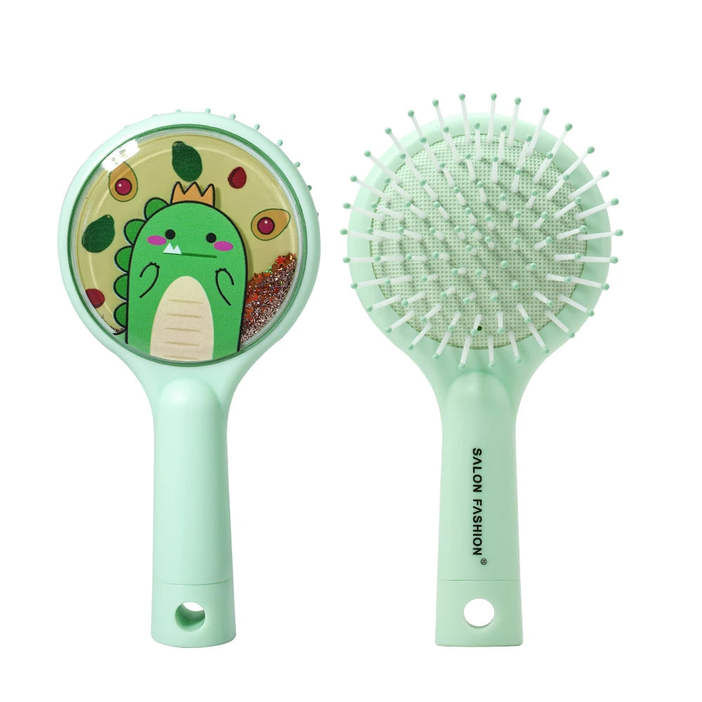 Cute Cartoon Dinosaur Hair Brush Set Detangling Mini Brush Set Travel Protable Comb Folding Mirror for Child Baby Girls Boys