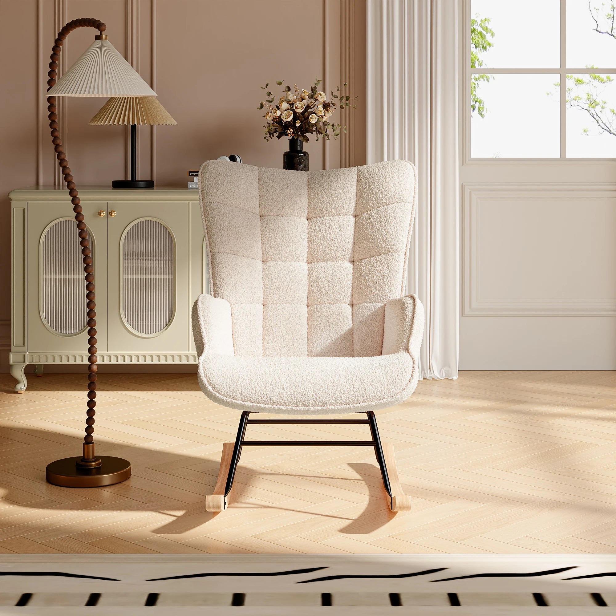 Anajqaqia Rocking Chair, Relaxing Chair, Living Room Chair, Swing Chair, with Metal Frame and Wooden Base, Teddy, Beige