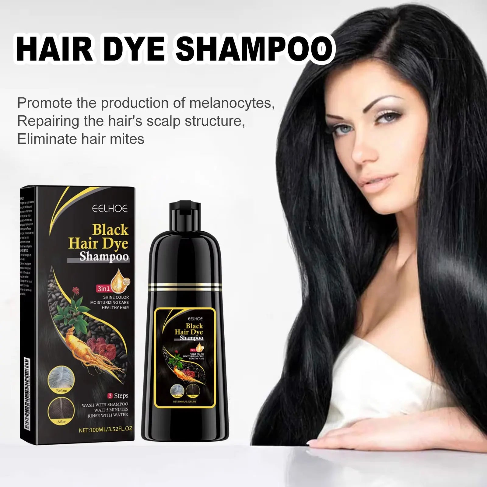 Shampoo EELHOE 3 em 1 para Tingir Cabelos de Preto: Crescimento, Limpeza, Escurecimento e Nutrição Profunda – Fórmula Natural, Orgânica e à Base de Ervas