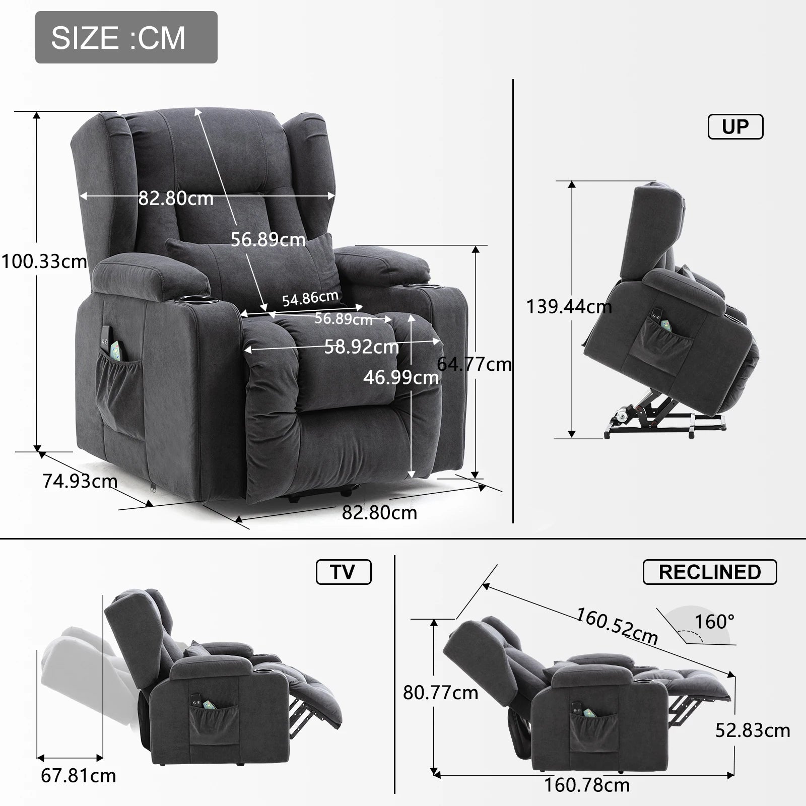 COMHOMA Relax armchair stand-up aid massage armchair with fabric surface electric stand-up armchair TV armchair armchair fabric
