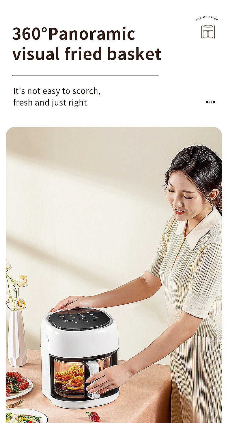 Smart Electric Air Fryer Large Capacity Convection Oven Deep Fryer Without Oil Kitchen 360°Baking Viewable Window Home Appliance