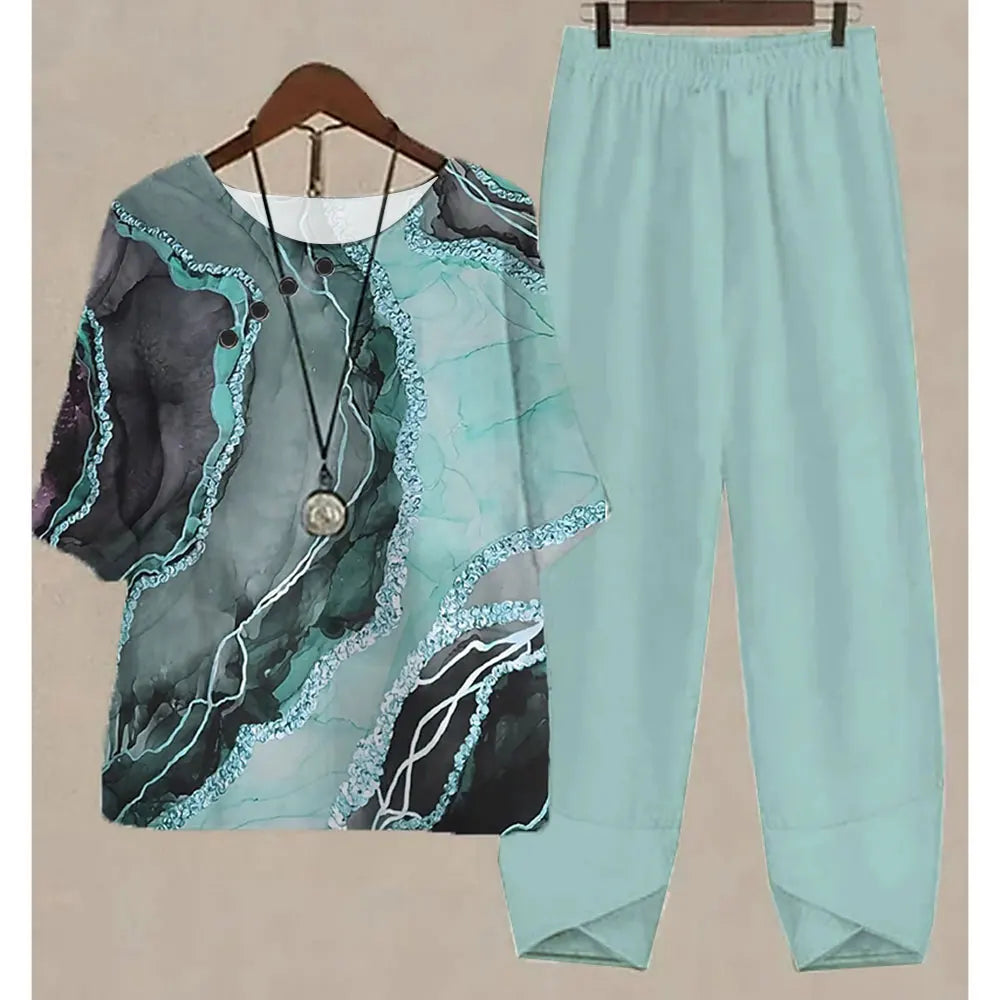 Nuevo conjunto de dos piezas para mujer, informal, cuello redondo, manga corta, estampado a rayas, top de verano para mujer, camiseta, pantalones holgados elegantes, trajes de otoño