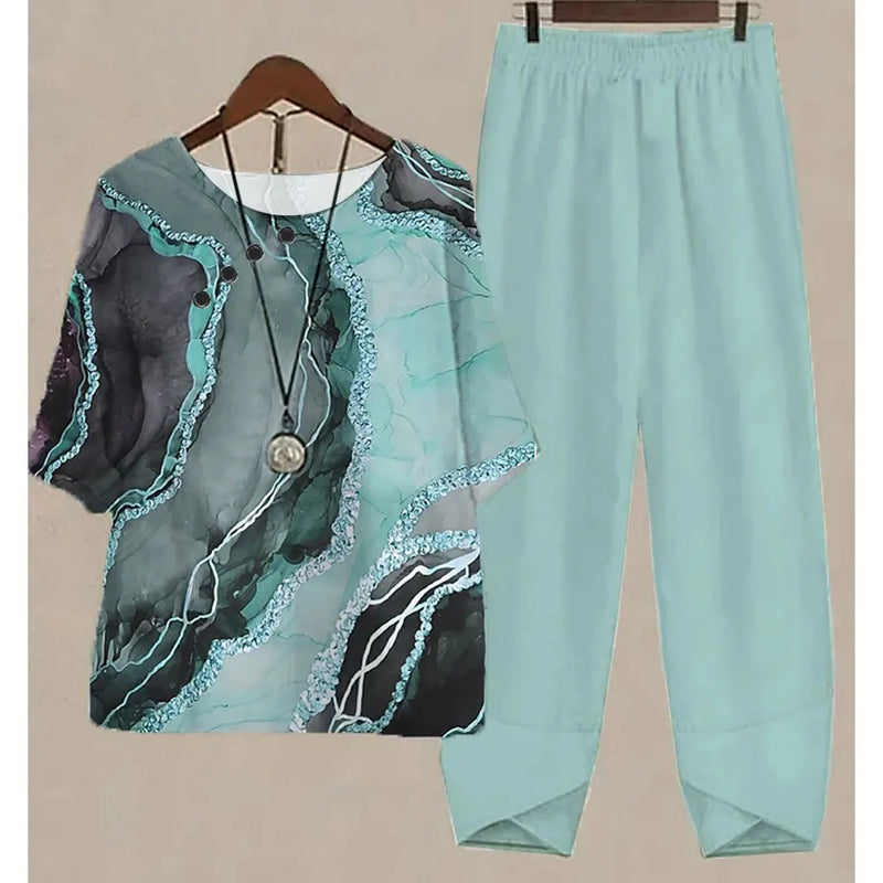 New Two Piece Set Women Casual O Neck Short Sleeve Stripe Printed Fit Summer Ladies Tops T Shirt Elegant Loose Pants Suits Fall