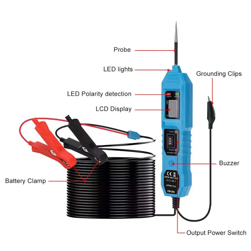 Probador de circuito eléctrico automotriz universal de 6 V-48 V, comprobador del sistema eléctrico del automóvil, kit de sonda de voltaje y potencia, pantalla digital LED.