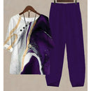 New Two Piece Set Women Casual O Neck Short Sleeve Stripe Printed Fit Summer Ladies Tops T Shirt Elegant Loose Pants Suits Fall