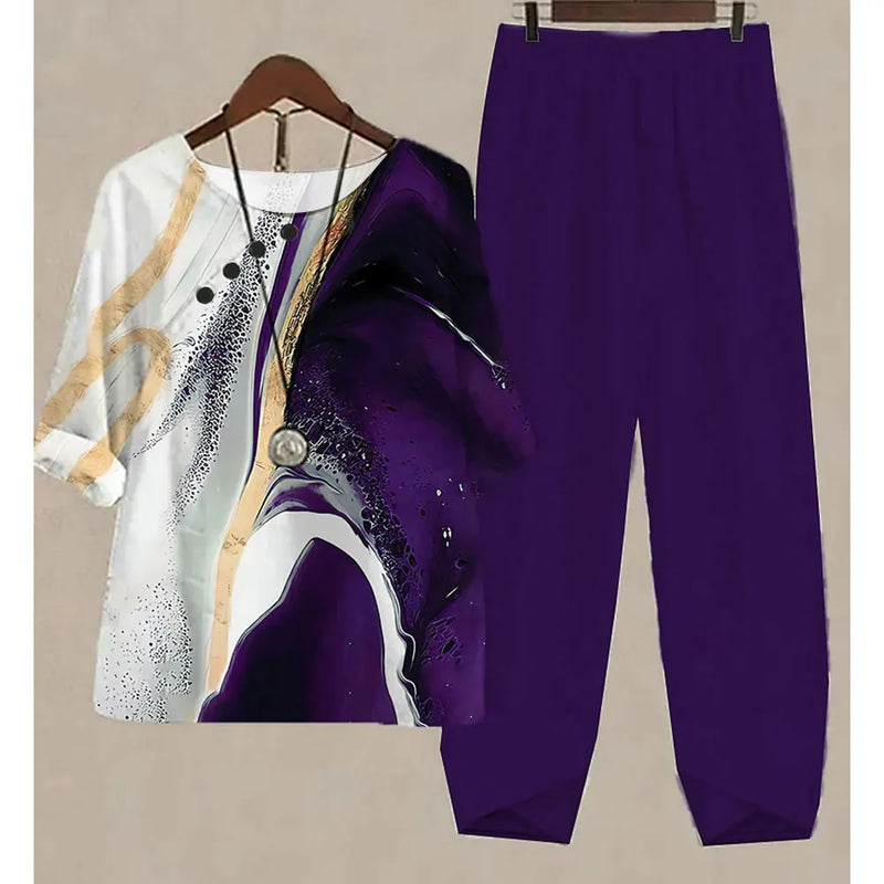 New Two Piece Set Women Casual O Neck Short Sleeve Stripe Printed Fit Summer Ladies Tops T Shirt Elegant Loose Pants Suits Fall