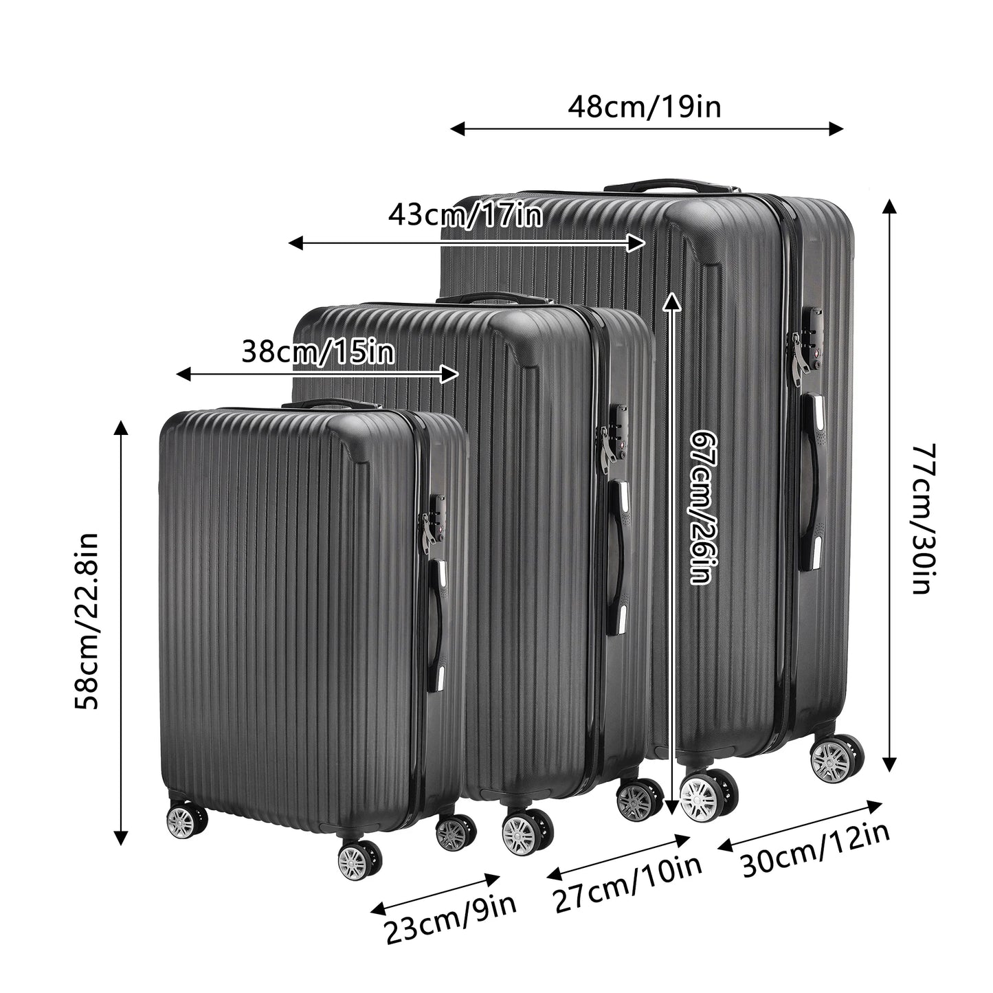 Anajqaqia Suitcase 3 Pieces Set,Hard Shell Trolleys Set,With TSA Lock,360° Universal Wheels,Lightweight ABS Luggage,Black