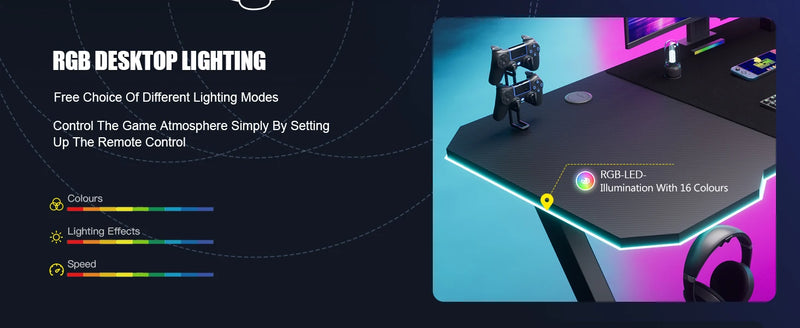 GTPLAYER Gaming table, Gaming desk 120x60cm, PC table Gamer table with Carbon Fiber Surface/LED/socket, Black