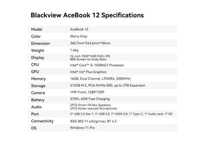 Blackview Laptop Acebook 12, Laptop 16 Inch, 16GB DDR4, 512GB SSD, Windows 11 Pro, Intel Core i5-1030NG7, 57Wh Battery,Notebook