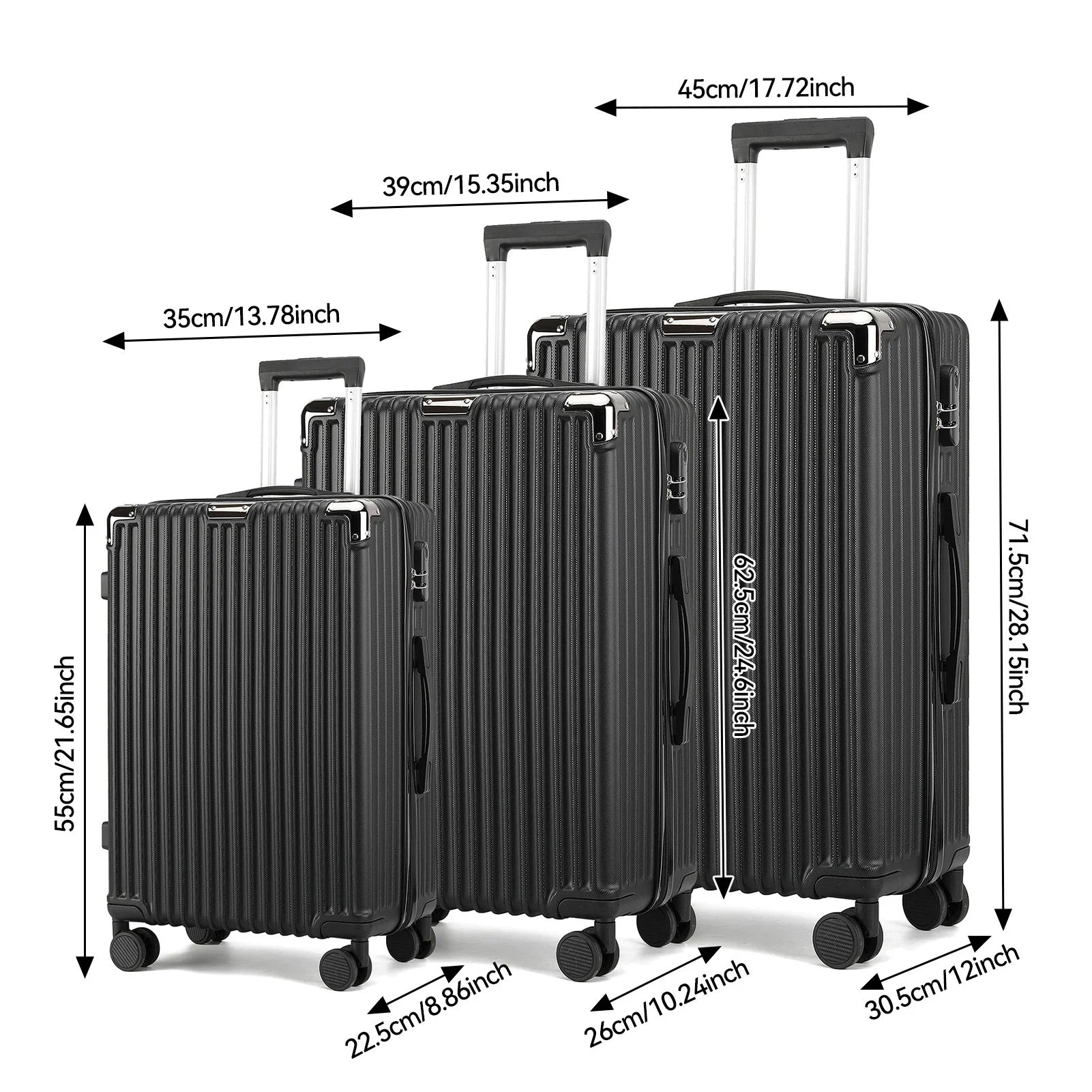 Anajqaqia 3-Piece Travel Suitcase Set with Wheels and Lock, Hard-Shell Trolley, Telescopic Handle, M, L, XL, Silvery