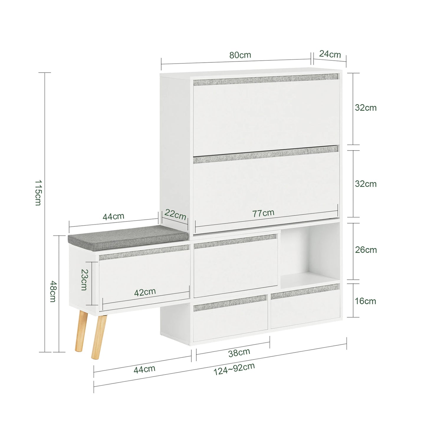 SoBuy FSR134-W Shoe dump truck Shoe shelf with 2 flaps, 2 doors and 2 drawers Hallway cabinet with bench Shoe bench with seat